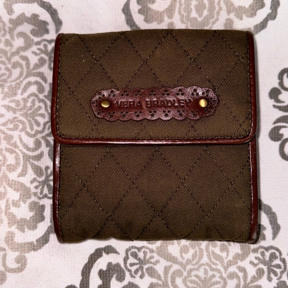 Vera Bradley Bi-fold Wallet Olive Green Twill Quilted/Brown Leather Trim